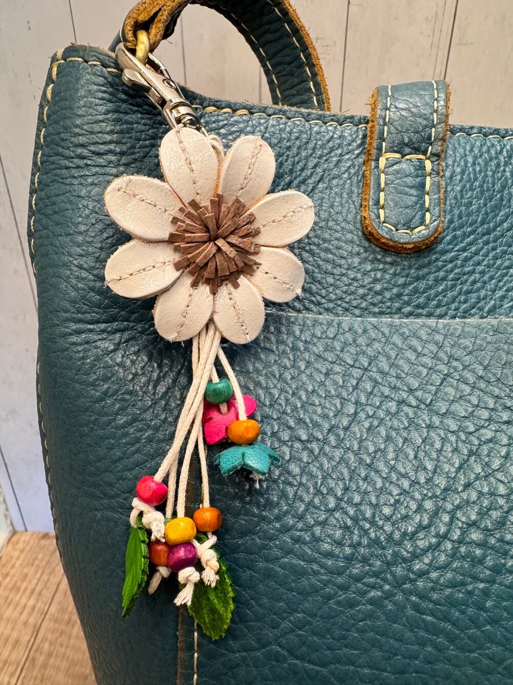 Leather Mini White Flower Bag Charm Cute Daisy Purse Charm Genuine Leather